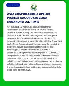 Anunț despre un proiect de depozitare a apelor uzate în zona Sanandrei județul Timiș cu detalii privind investiția