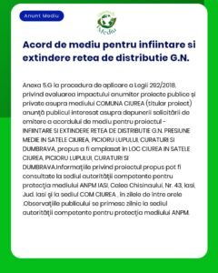 APM anunță luarea deciziei de încadrare pentru proiectul Înființare și extindere rețea de distribuție gaze naturale în satele Lunca Cetățuii Hlincea Dumbrava Slobozia Picioru Lupului din comuna Ciurea