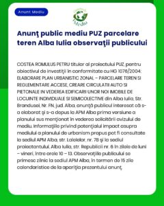 APM anunță elaborată PUZ – Parcare teren pentru locuințe individuale Alba Iulia