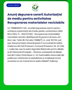 Depunere solicitare acord de mediu pentru recuperare materiale reciclabile locație menționată documentația necesară atașată