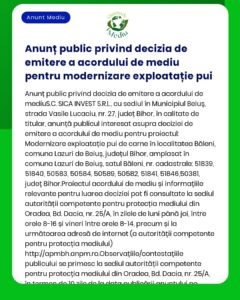 APM anunță decizia etapei de încadrare pentru proiectul Modernizare fermă de păsări a propus a fi amplasat în localitatea Lazuri de Beiuș județul Bihor