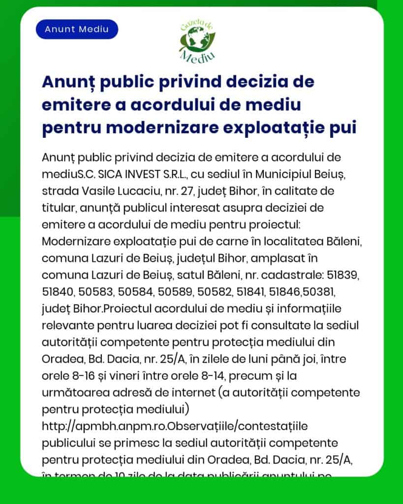 APM anunță decizia etapei de încadrare pentru proiectul Modernizare fermă de păsări a propus a fi amplasat în localitatea Lazuri de Beiuș județul Bihor