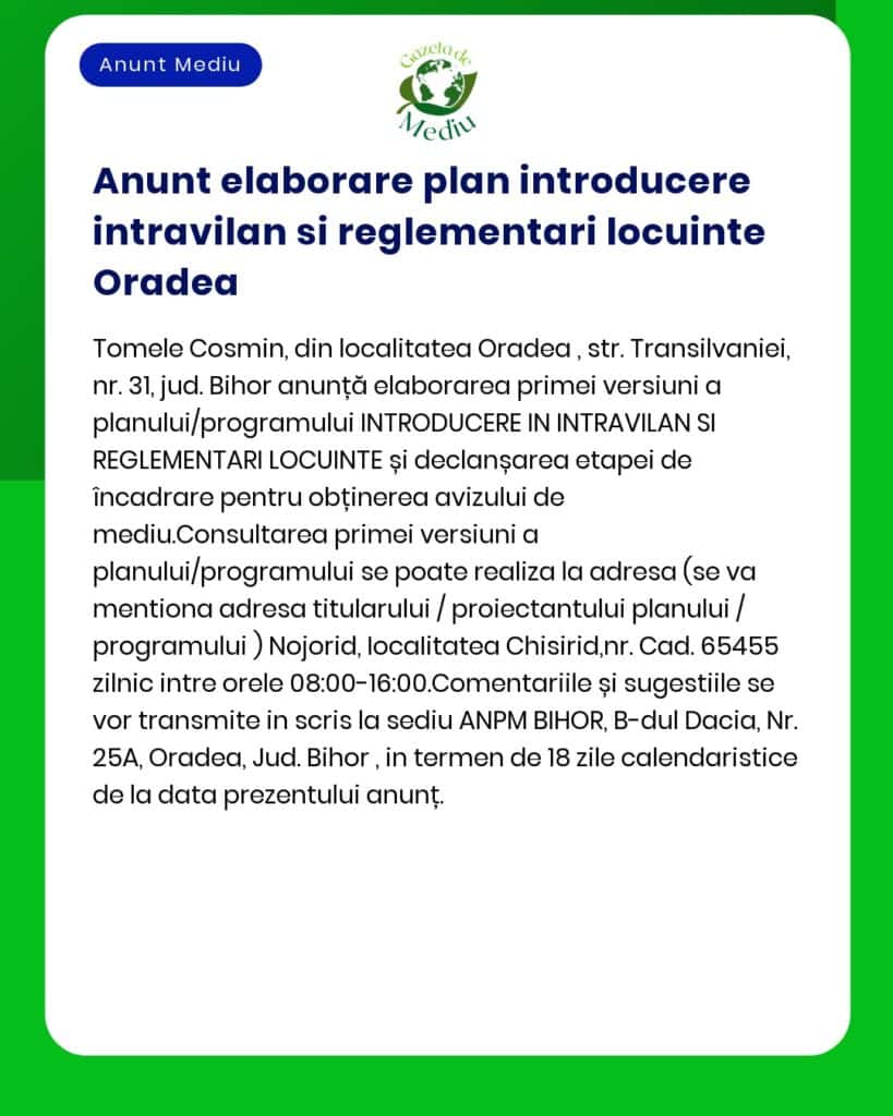 APM anunță elaborarea proiectului și procedura de reglementare pentru construirea locuințelor în intravilan Oradea