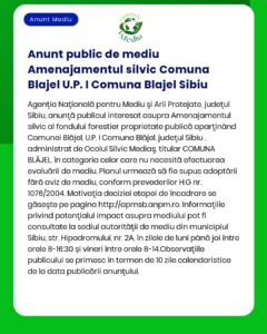 APM anunță elaborarea planului de amenajament silvic pentru pădurile proprietate publică din UAT Blăjel județul Sibiu