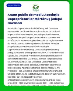 APM anunță depunerea solicitării de emitere a acordului de mediu pentru proiectul 'Reabilitare acoperiș bloc Mărțăn' titular Asociația Coproprietarilor Mărțăn