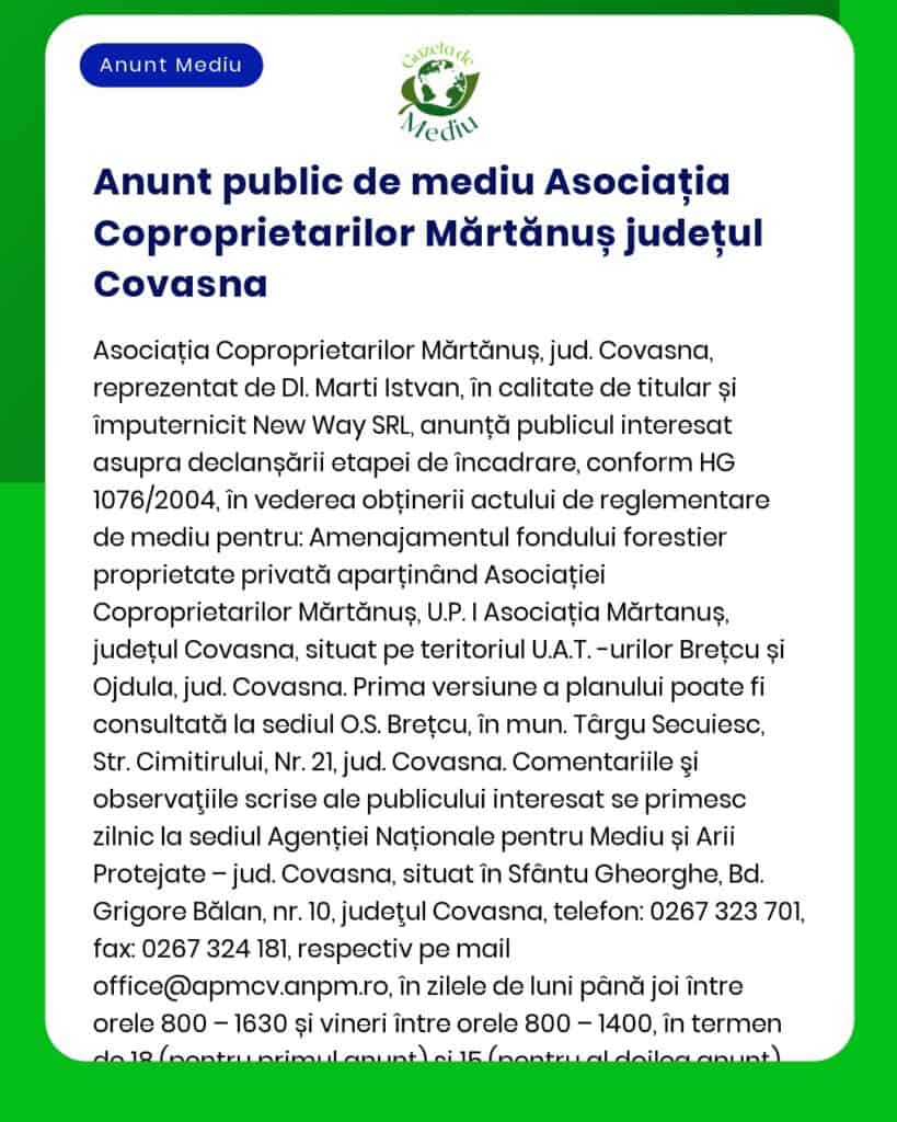 APM anunță depunerea solicitării de emitere a acordului de mediu pentru proiectul 'Reabilitare acoperiș bloc Mărțăn' titular Asociația Coproprietarilor Mărțăn