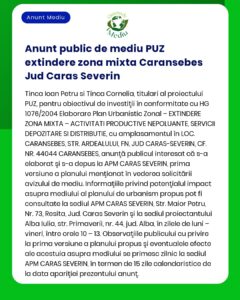 APM anunță decizia etapei de încadrare pentru proiectul Extinderea Planului Urbanistic Zonal – Zonă mixtă locuințe servicii a propus a fi amplasat în municipiul Caransebeș județul Caraș-Severin
