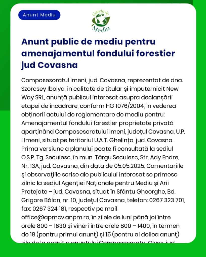 APM anunță decizia etapei de încadrare pentru proiectul Reglementare gestionare fond forestier în județul Covasna