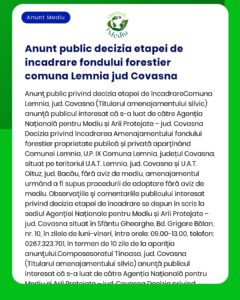 APM Covasna anunță depunerea solicitării de emitere a acordului de mediu pentru proiectul Întabulare terenuri fond forestier a propus a fi amplasat în UAT Brateș județul Covasna