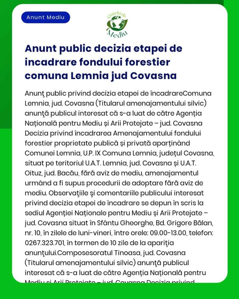 APM Covasna anunță depunerea solicitării de emitere a acordului de mediu pentru proiectul Întabulare terenuri fond forestier a propus a fi amplasat în UAT Brateș județul Covasna