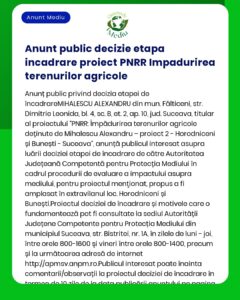 Proiectul 'Împădurirea terenurilor agricole' a fost depus la APM pentru evaluarea impactului mediului fiind menționate etapele proiectului și localizarea terenurilor