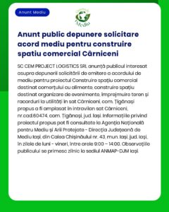 APM anunță depunerea solicitării de emitere a acordului de mediu pentru proiectul Construire spațiu comercial a propus a fi amplasat în sat Cârninenci