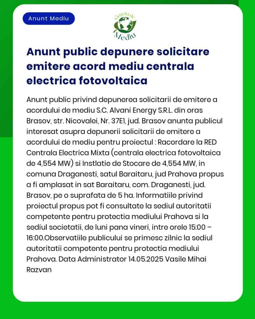 Anunț privind depunerea solicitării pentru proiect imobiliar cu centrală electrică fotovoltaică în Brașov