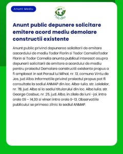 APM anunță depunerea solicitării de emitere a acordului de mediu pentru proiectul Desființare construcții existente a propus a fi amplasat în comuna Vințu de Jos județul Alba