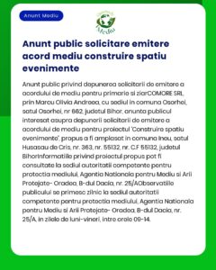Cerere de emitere a acordului de mediu pentru proiectul Construire eveniment propus a fi amplasat în localitatea X județul Y titular Z