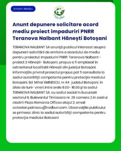 Anunt depunere solicitare acord mediu proiect impaduriri PNRR Teranova