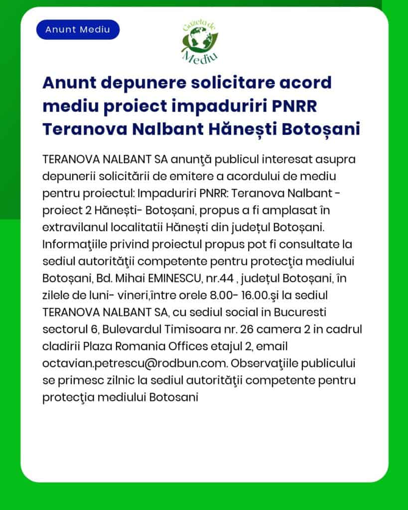 Anunt depunere solicitare acord mediu proiect impaduriri PNRR Teranova