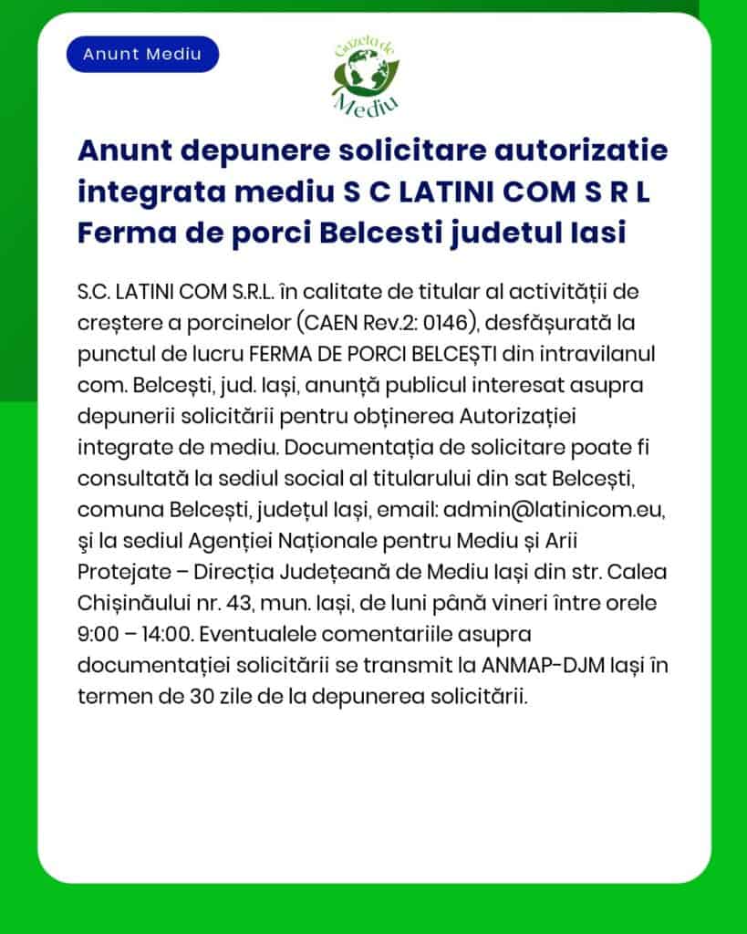 Anunt depunere solicitare autorizatie integrata mediu S C LATINI COM S