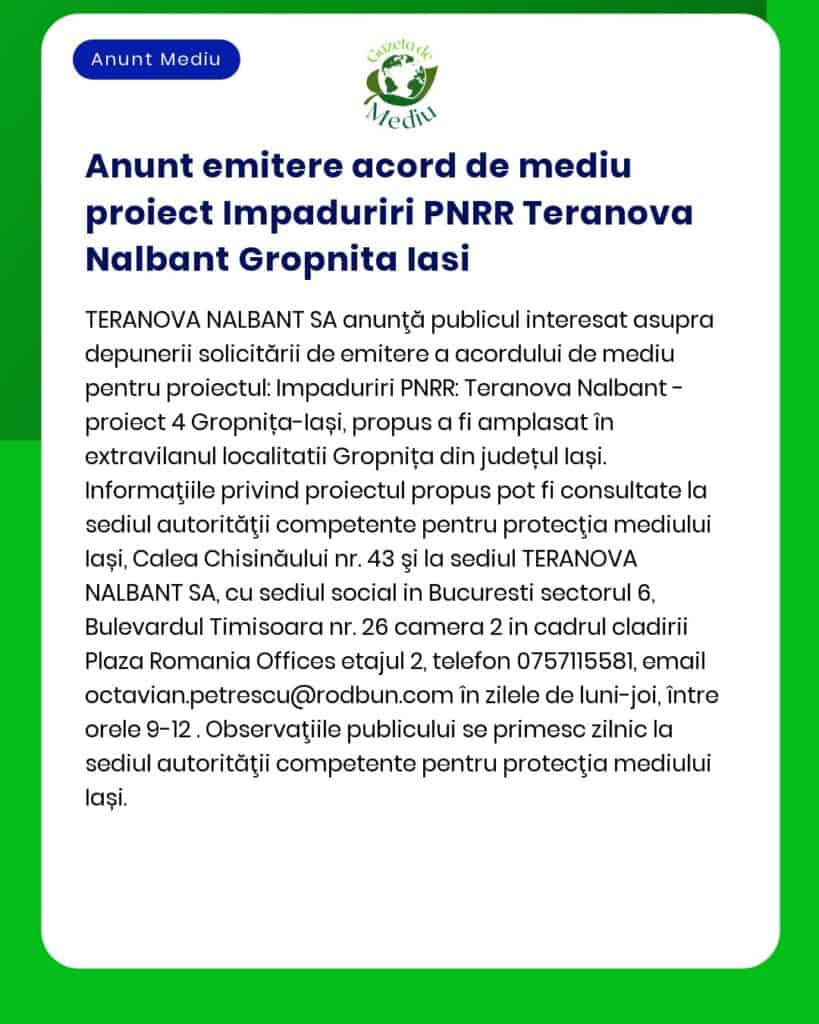 Anunt emitere acord de mediu proiect Impaduriri PNRR Teranova Nalbant