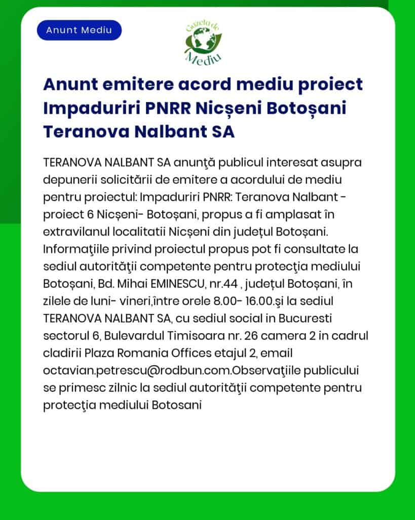 Anunt emitere acord mediu proiect Impaduriri PNRR Nicșeni Botoșani Ter