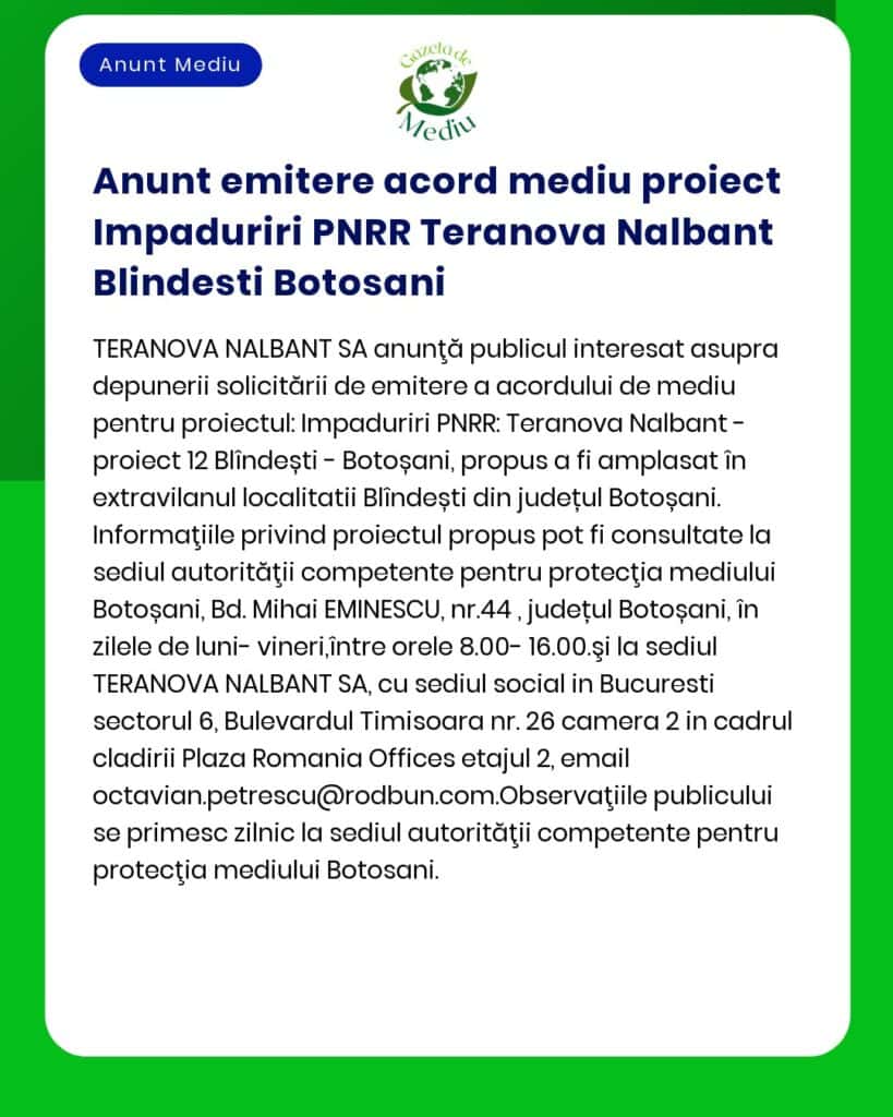 Anunt emitere acord mediu proiect Impaduriri PNRR Teranova Nalbant Bli