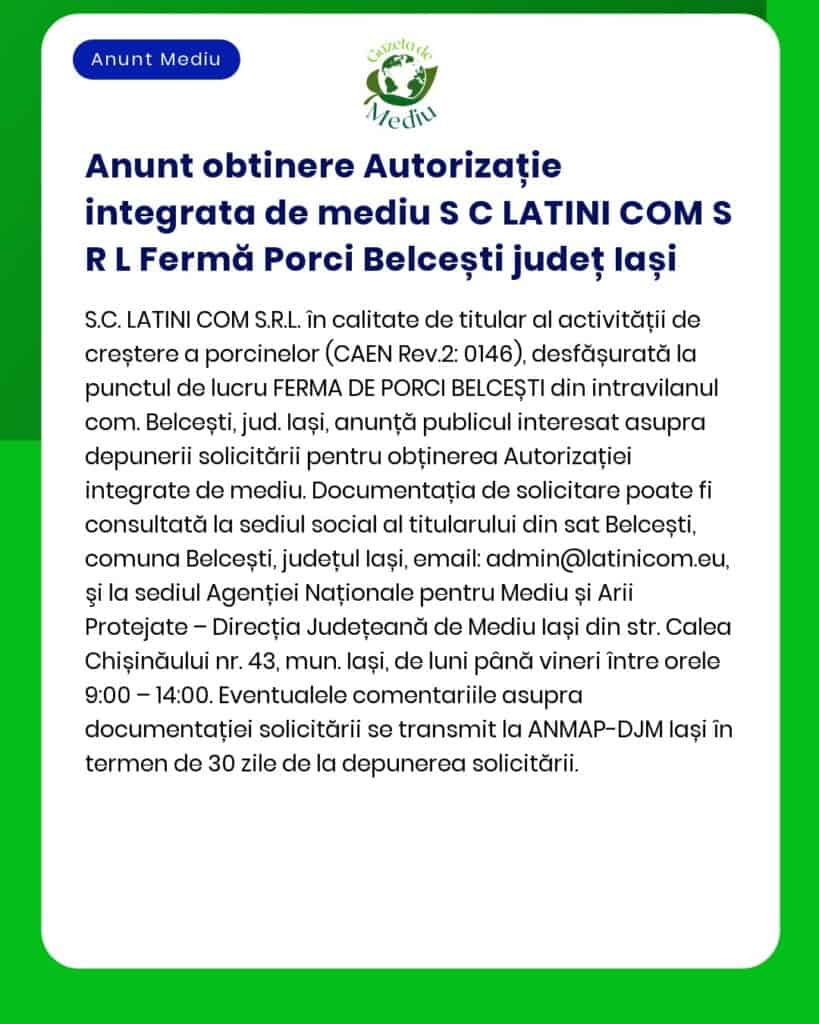 Anunt obtinere Autorizație integrata de mediu S C LATINI COM S R L Fer