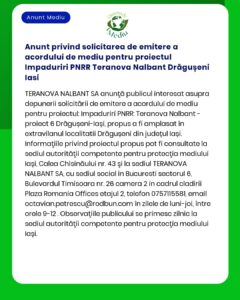 Anunt privind solicitarea de emitere a acordului de mediu pentru proie