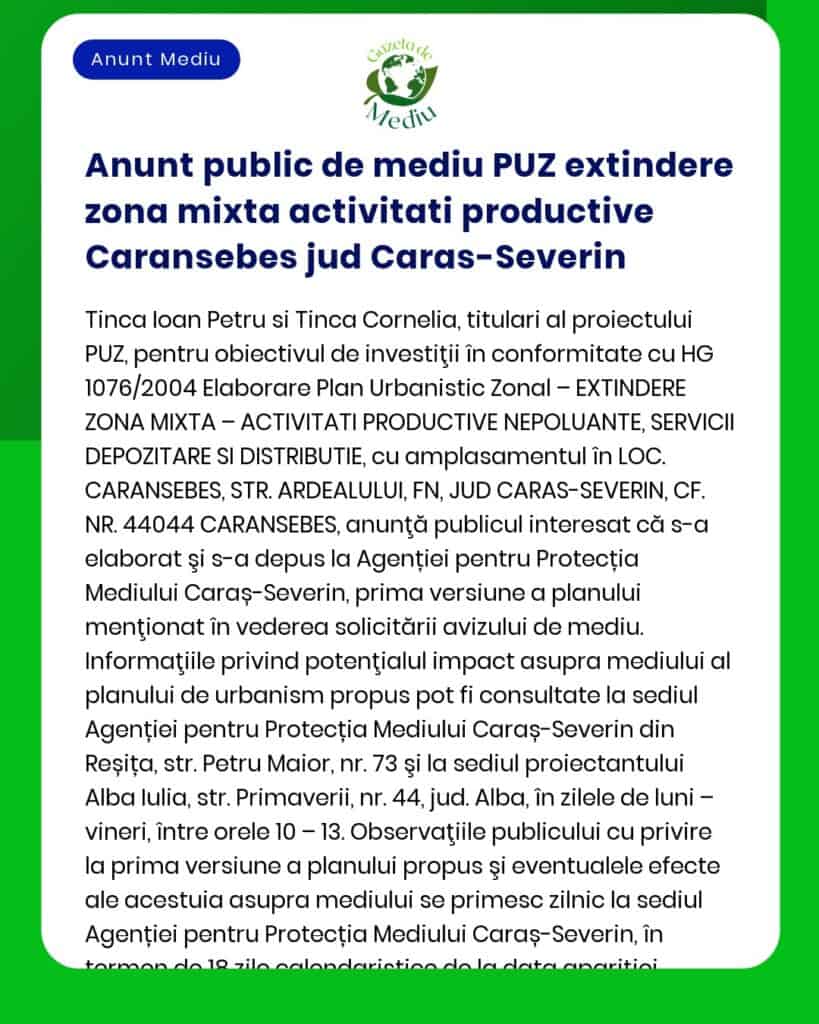 Anunt public de mediu PUZ extindere zona mixta activitati productive C