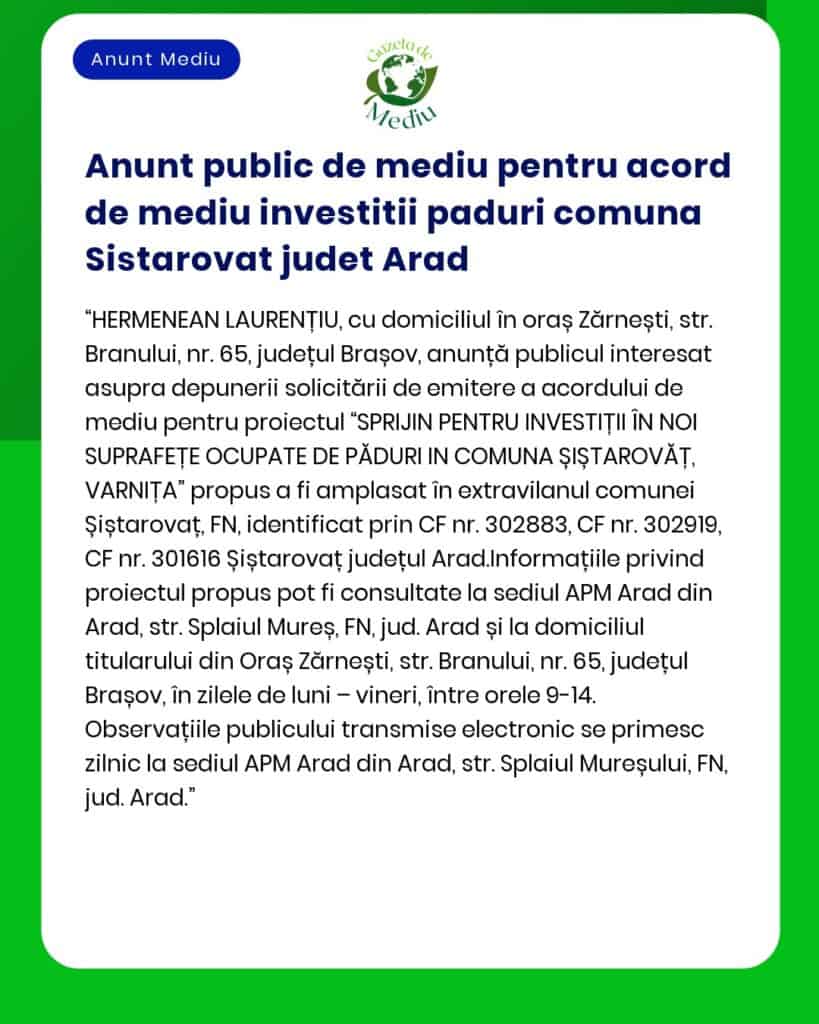 Anunt public de mediu pentru acord de mediu investitii paduri comuna S