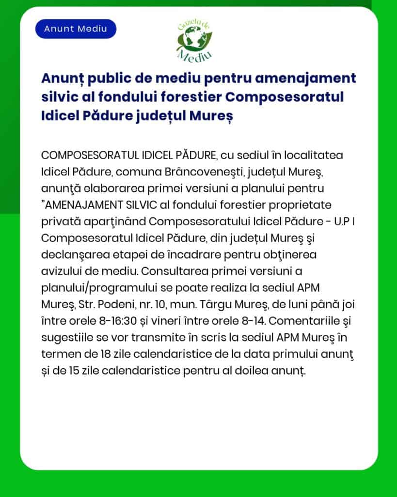 Anunț public de mediu pentru amenajament silvic al fondului forestier
