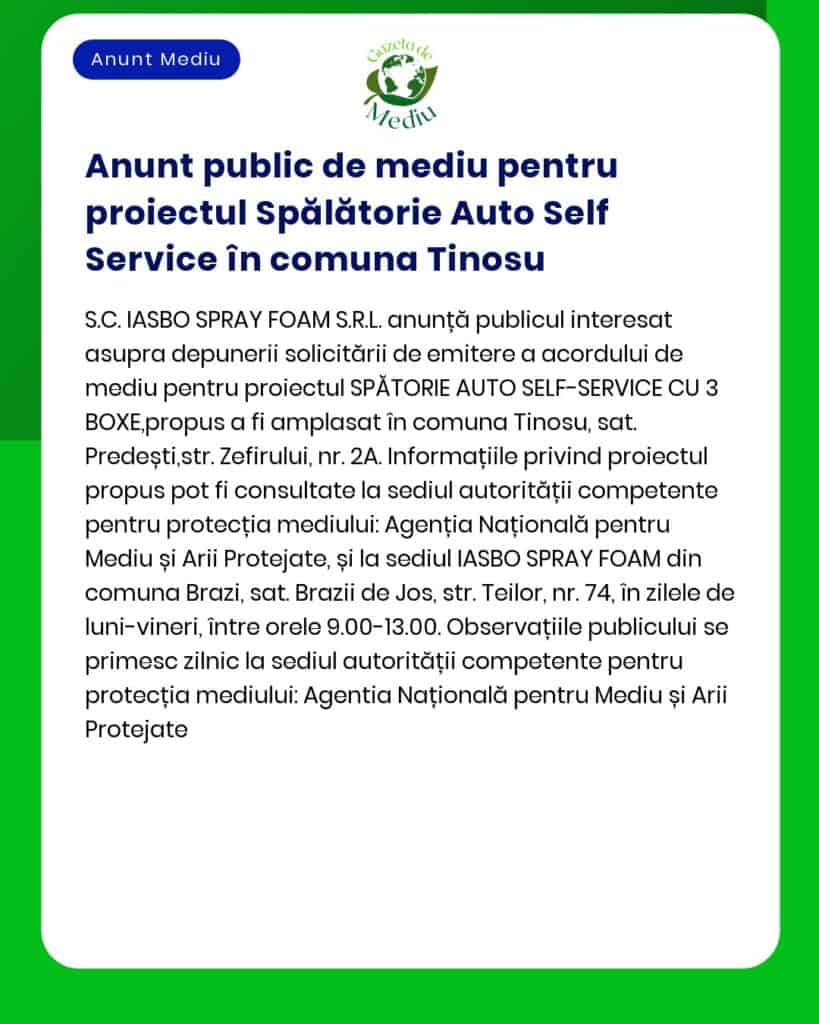 Anunt public de mediu pentru proiectul Spălătorie Auto Self Service în