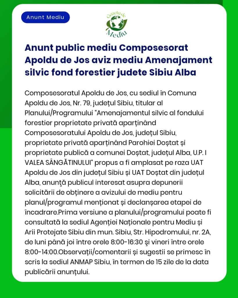 Anunt public mediu Composesorat Apoldu de Jos aviz mediu Amenajament s