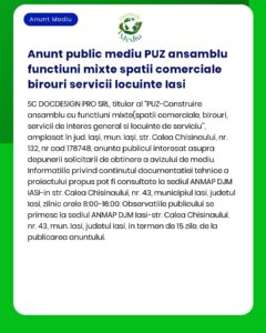 Anunt public mediu PUZ ansamblu functiuni mixte spatii comerciale biro