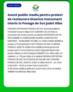 Anunt public mediu pentru proiect de restaurare biserica monument isto