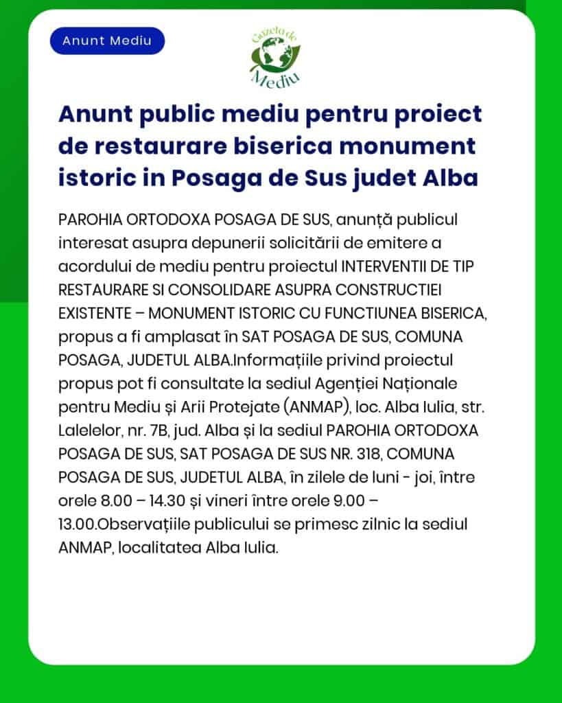 Anunt public mediu pentru proiect de restaurare biserica monument isto