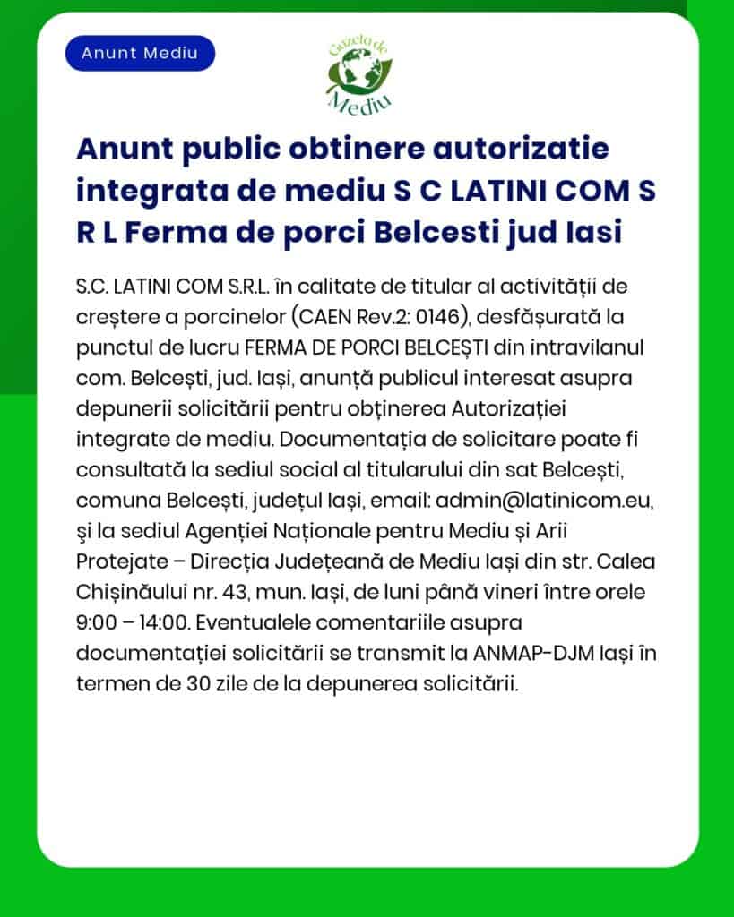 Anunt public obtinere autorizatie integrata de mediu S C LATINI COM S