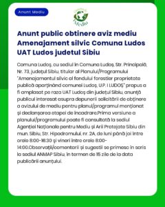 Anunt public obtinere aviz mediu Amenajament silvic Comuna Ludos UAT L