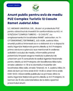 Anunt public pentru aviz de mediu PUZ Complex Turistic 12 Casute Ramet