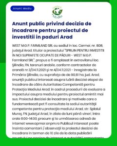 Anunt public privind decizia de incadrare pentru proiectul de investit
