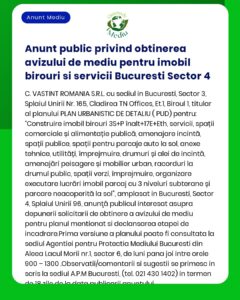 Anunt public privind obtinerea avizului de mediu pentru imobil birouri