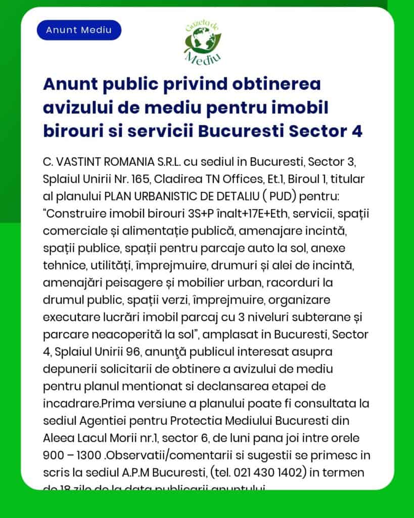 Anunt public privind obtinerea avizului de mediu pentru imobil birouri