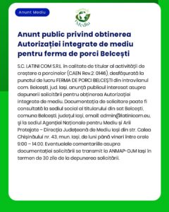 Anunt public privind obtinerea Autorizației integrate de mediu pentru