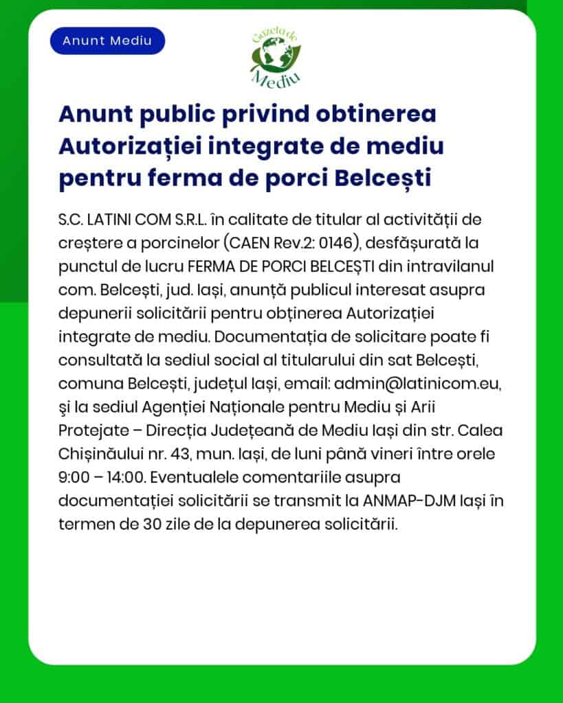 Anunt public privind obtinerea Autorizației integrate de mediu pentru