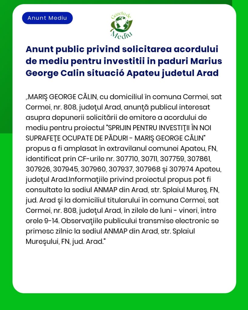 Anunt public privind solicitarea acordului de mediu pentru investitii