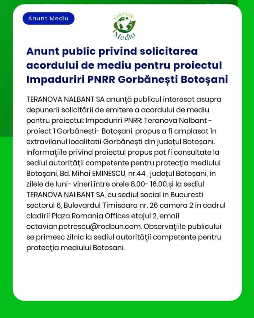 Anunt public privind solicitarea acordului de mediu pentru proiectul I