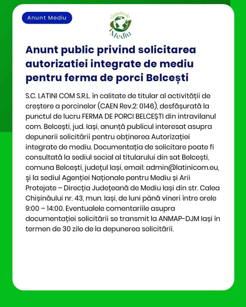 Anunt public privind solicitarea autorizatiei integrate de mediu pentr