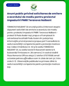 Anunt public privind solicitarea de emitere a acordului de mediu pentr