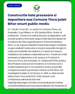 Nu există titlul de proiect și titularul menționate exact în textul anunțului Construire și amenajare hală procesare ouă cu depozitare comuna Tinca județul Bihor decizie de încadrare privind evaluarea impactului asupra mediului emisă de APM