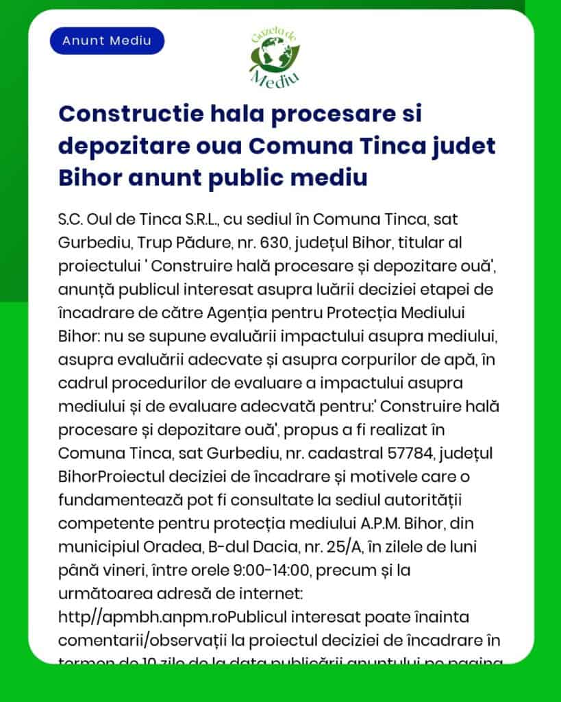 Nu există titlul de proiect și titularul menționate exact în textul anunțului Construire și amenajare hală procesare ouă cu depozitare comuna Tinca județul Bihor decizie de încadrare privind evaluarea impactului asupra mediului emisă de APM