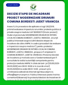 APM anunță decizia etapei de încadrare pentru proiectul Modernizare drumuri de interes local în comuna Bordești județul Vrancea a propus a fi amplasat în comuna Bordești județul Vrancea